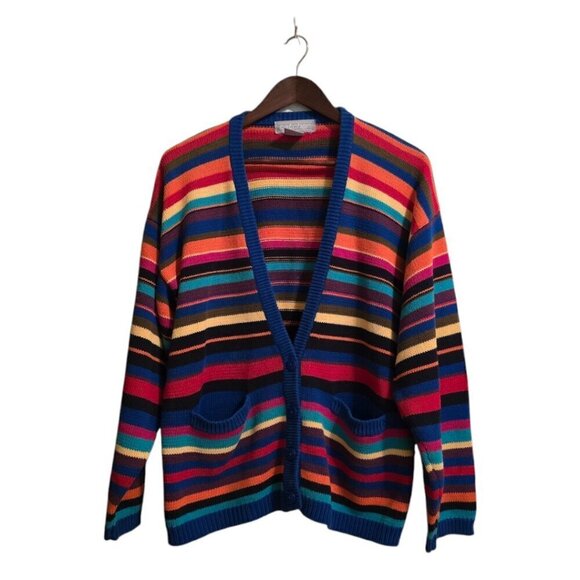 Catcher Vintage Rainbow Striped Chunky Oversized Boyfriend Cardigan Sz L - Picture 1 of 7
